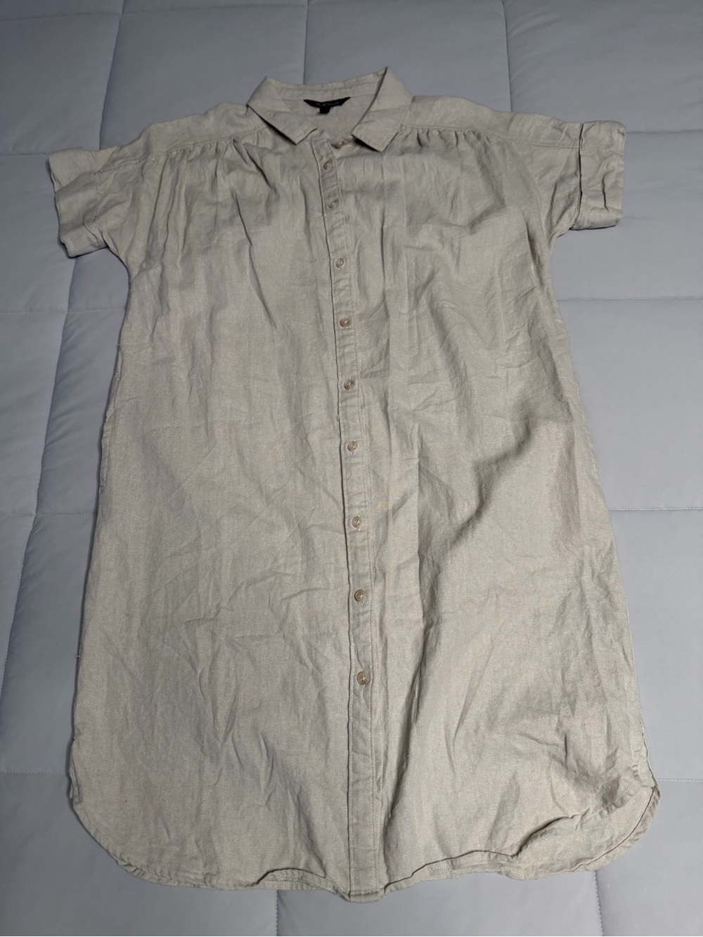 Well Worn Button-Up Dress Women’s Size M Beige Linen Blend Short Sleeve Collared